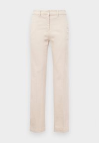 Pantalons en coton beige avec une coupe ajustée, jambes droites, fermeture éclair à l'avant et texture lisse. Comprend des passants de ceinture traditionnels.