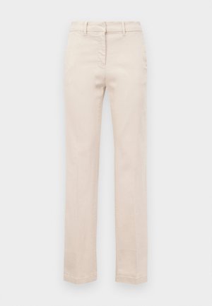 Beige cotton trousers with a tailored fit, straight legs, a front zipper, and a smooth texture. Features traditional belt loops.