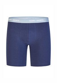 Námořnické modré boxerky vyrobené z kombinace bavlny, s světle modrým pasem s textem "HAPPY SHORTS" a bezšvovými zakončeními nohavic.