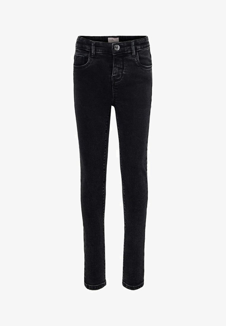 Jeans skinny negros de denim, con cierre de botón estándar, cinco bolsillos y detalles de costura mínimos. Textura suave con un ajuste elegante.