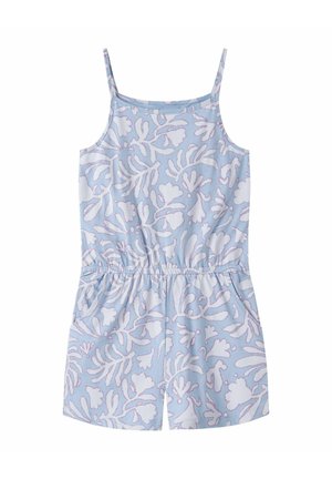Jasnoniebieski kombinezon na ramiączkach z regulowanymi paskami, elastyczną talią, bocznymi kieszeniami i białym abstrakcyjnym wzorem liści.