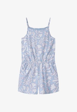 Combinaison courte bleu clair sans manches avec bretelles réglables, taille élastique, poches latérales et motif abstrait de feuilles blanches.