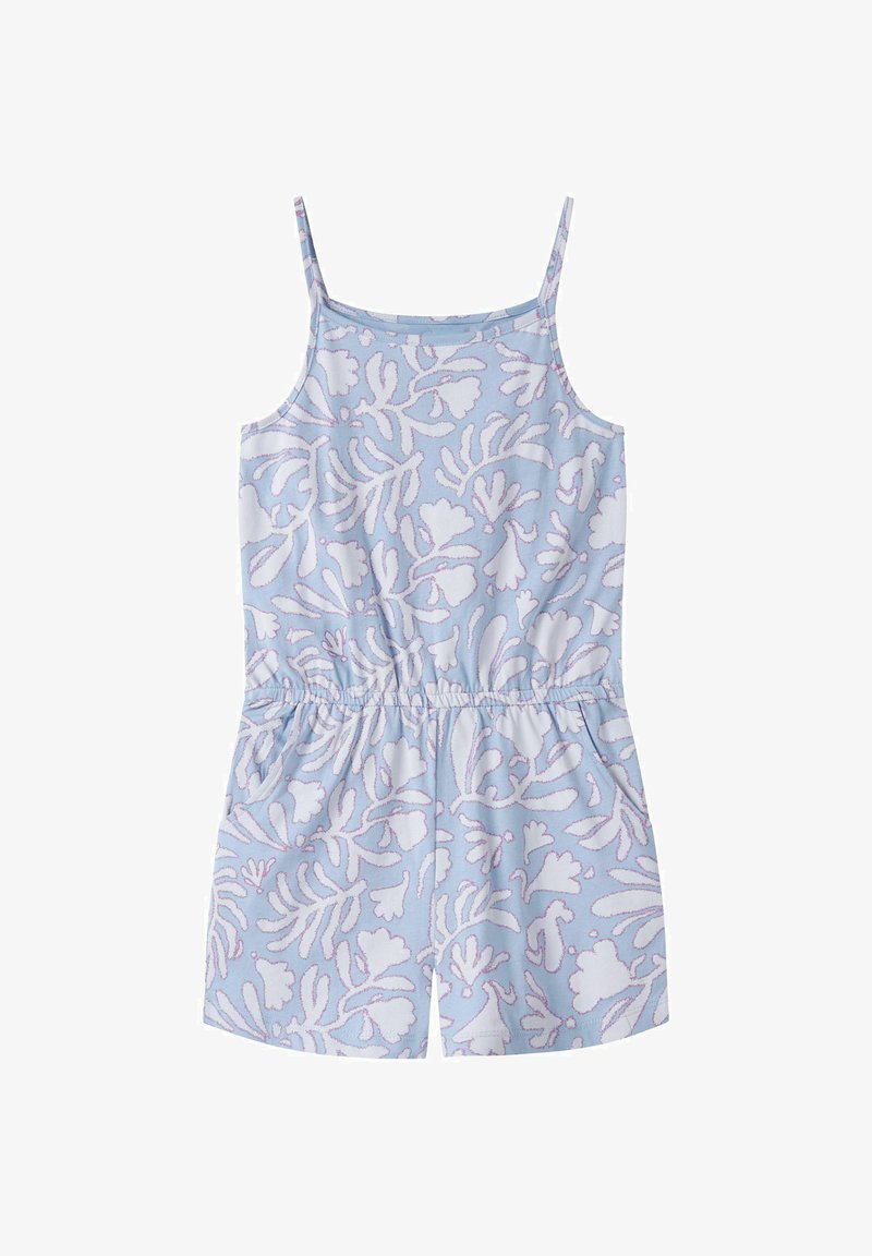 Combinaison courte bleu clair sans manches avec bretelles réglables, taille élastique, poches latérales et motif abstrait de feuilles blanches.