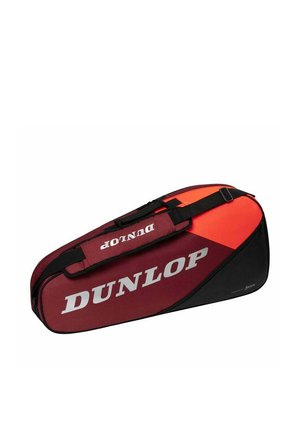 Tennistasche in Rot, Orange und Schwarz mit "DUNLOP"-Logo, gepolstertem Schultergurt und Reißverschlussfächern.