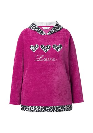 Sudadera de felpa en rosa brillante con detalles de estampado de leopardo en la capucha y el dobladillo, que presenta tres diseños de corazones y la palabra "Love" en blanco.