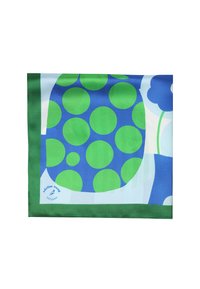 Eșarfă de mătase cu un design geometric, având cercuri mari verzi și albastre pe un fundal bleu deschis, marginită cu verde închis.