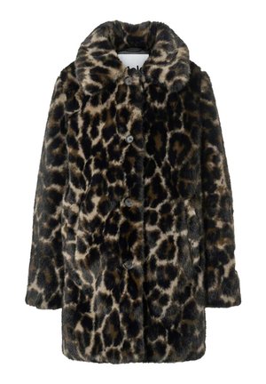 Cappotto in pelliccia sintetica a maniche lunghe, con bottoni, motivo leopardato e ampio colletto su sfondo semplice.
