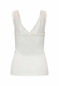 Hvid tanktop med spidse ærmer, der har en blondebesat v-halsudskæring og brede blonde stropper. Kroppen er glat og tætsiddende med en ensartet struktur.
