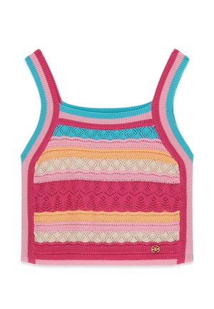 Top corto a righe lavorato a maglia con colori turchese, rosa, crema, giallo e rosso, caratterizzato da un motivo in pizzo strutturato e spalline larghe.