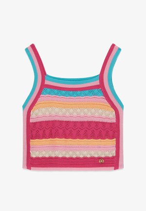 Csíkos kötött rövid felső türkiz, rózsaszín, krém, sárga és piros színekben, texturált csipkemintával és széles vállpántokkal.