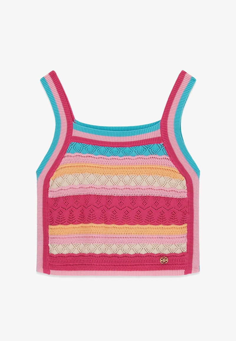 Top court en maille rayée aux couleurs turquoise, rose, crème, jaune et rouge, avec un motif en dentelle texturée et de larges bretelles.