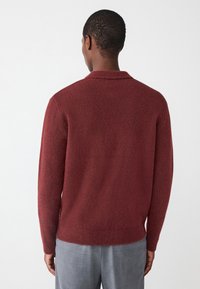 Pull en tricot bordeaux avec col, tissu texturé et ourlet côtelé. Porté avec un pantalon gris, vue de dos et finition douce.