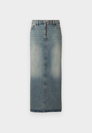 Denim midi skirt in light blue with a faded finish. Features a front zipper and button closure, straight cut, and minimal stitching details.