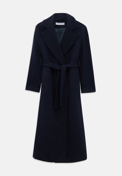 Long dark navy wool coat with wide lapels and a matching belt tied at the waist, displayed flat on a white background.