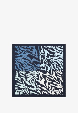 Zijde sjaal met een gedurfde blauwe en marine tijgerstreep patroon, met een gladde textuur en satijnen afwerking, omrand door een effen marine rand.