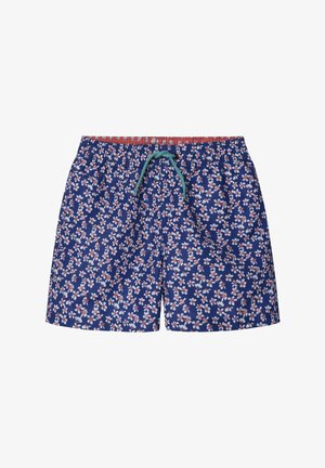 Blå svømshorts med blomstermønster i pink og hvid. Elastisk talje med røde detaljer og en blå snor. Letvægtsstof.
