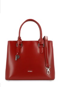 Red leather handbag with double handles, detachable shoulder strap, silver hardware accents, and a logo plate. Features a smooth, glossy texture.