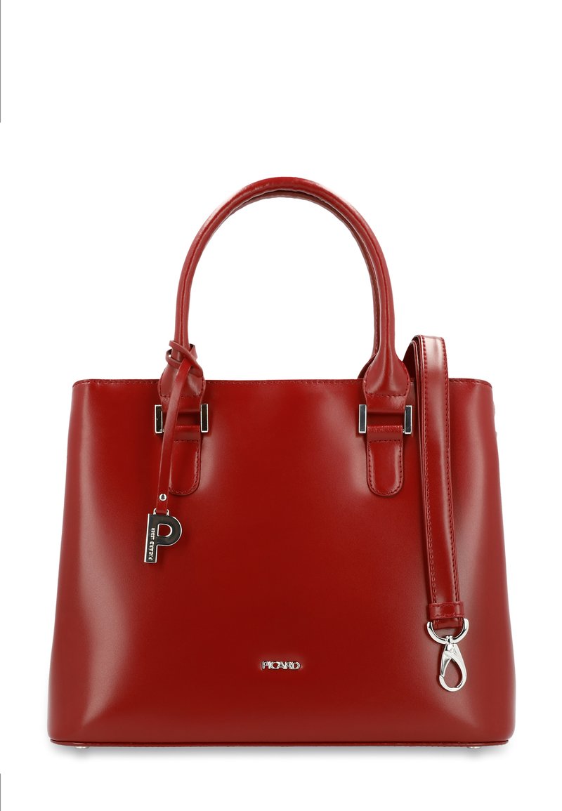 Red leather handbag with double handles, detachable shoulder strap, silver hardware accents, and a logo plate. Features a smooth, glossy texture.