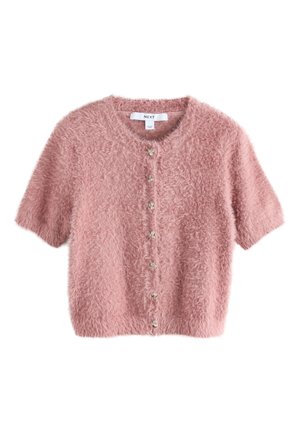 Short pink fuzzy cardigan with short sleeves, a round neckline, and decorative buttons down the front. Soft texture and casual design.