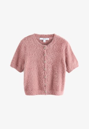 Short pink fuzzy cardigan with short sleeves, a round neckline, and decorative buttons down the front. Soft texture and casual design.