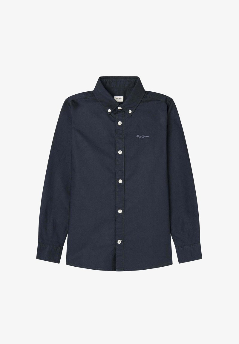 Chemise bleu marine à manches longues, en tissu doux, avec un col pointu et un petit logo brodé sur la poitrine.