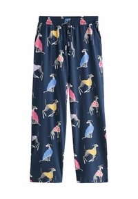Pantaloni de pijama marine cu un model fantezist de greyhoundi în pulovere colorate, având desene în nuanțe de roz, galben și albastru.