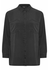 Camisa negra de manga larga con botones, dos bolsillos en el pecho y cuello. Tejido suave con una textura lisa.