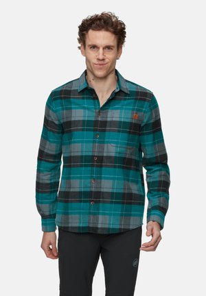 Camicia da uomo a maniche lunghe in flanella a quadri nei colori teal, grigio e nero. Presenta una chiusura frontale con bottoni, colletto e una tasca singola sul petto.
