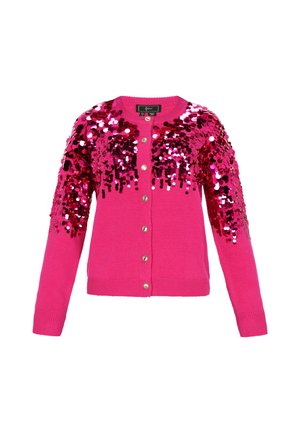 Roze cardigan met een sprankelend paillettenontwerp op de schouders, ronde halslijn en knoopsluiting. Gebreide textuur en geribbelde manchetten.