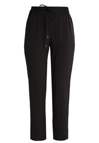 Pantalons noirs texturés avec une taille élastique et un cordon de serrage. Comprend des poches latérales et un design de jambe fuselée.