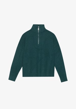 Teal, ribbed sweater with a high collar and a silver zipper. Features long sleeves and a relaxed fit design. Textured fabric.