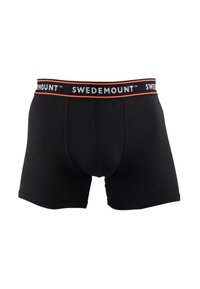 Czarne bokserki wykonane z elastycznego materiału, z kontrastującym pasem w talii z nazwą marki "SWEDEMOUNT" w białych i pomarańczowych literach.