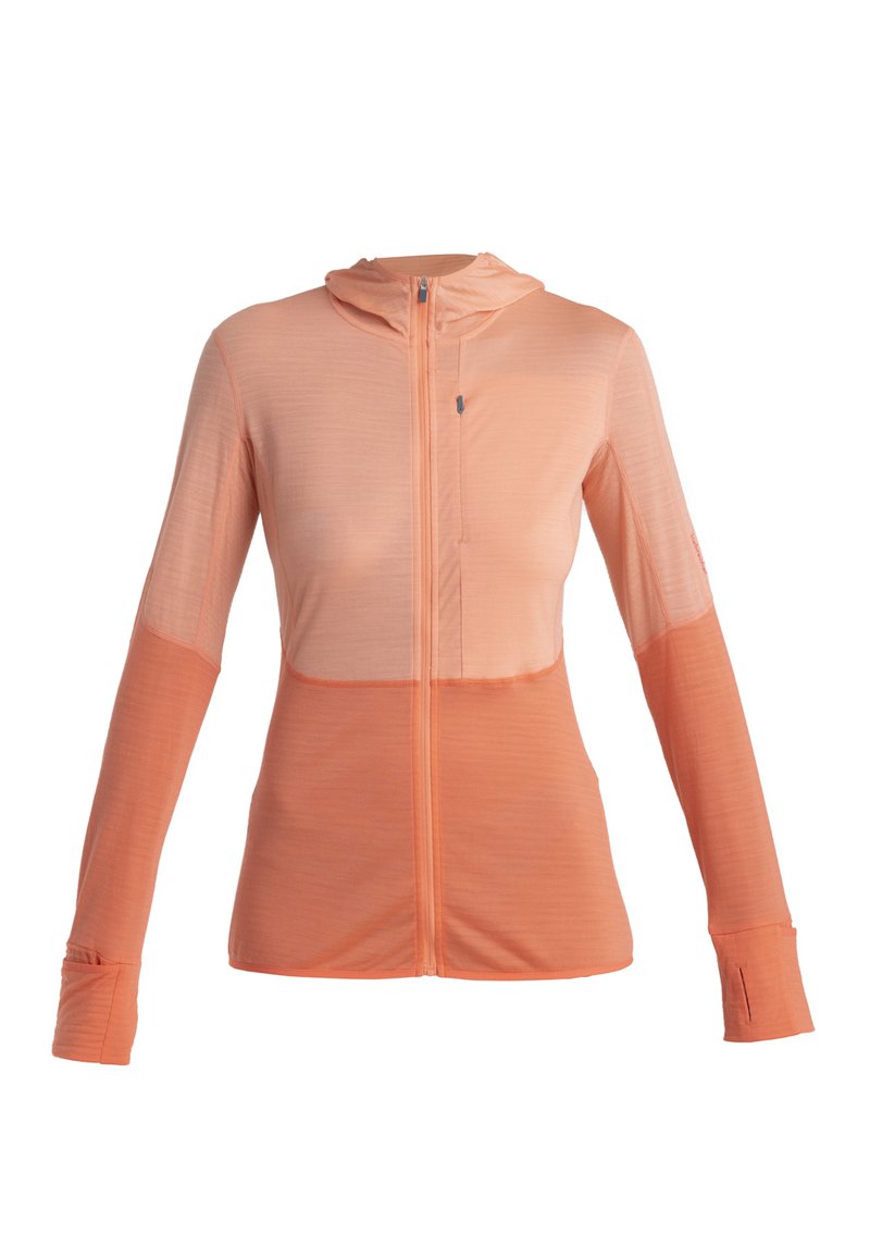 Veste légère à capuche dégradée en tons de pêche, dotée d'une fermeture éclair intégrale, de manches longues avec trous pour les pouces et d'une texture lisse.