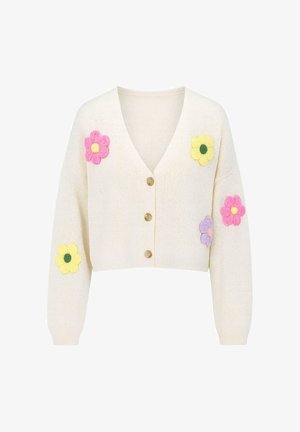 Crème kleurige gebreide cardigan met een V-hals, voorzien van vijf decoratieve bloemen in roze, geel en paars, en bruine knopen aan de voorkant.