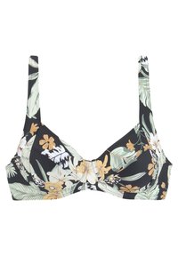Žydras bikini viršus su plonais petnešėlėmis, puošti žaliais lapais ir geltonomis gėlėmis. Pagamintas iš minkštos, tamprios medžiagos su lygiu paviršiumi.