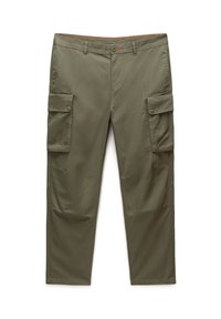 Oliven grønne cargo bukser med flere sidelommer, lige ben-design, knaplukning og struktureret stof. Holdbar og funktionel stil.