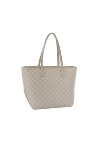 Borsa tote beige con un motivo sottile, forma strutturata e manici piatti doppi. Il materiale sembra liscio, presentando un design minimalista.