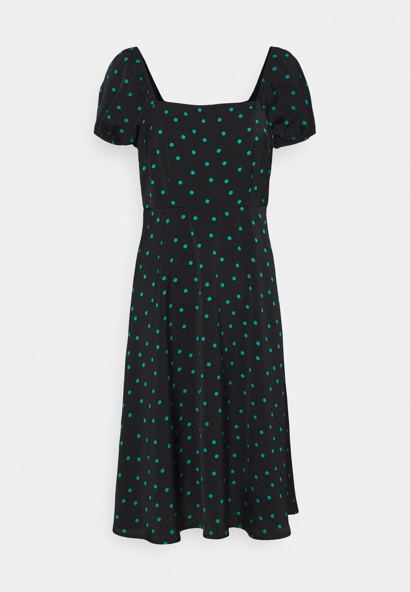 Robe midi noire à pois bleu sarcelle, encolure carrée, taille cintrée et manches courtes bouffantes.