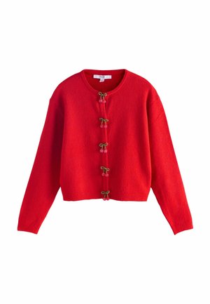Red knitted cardigan with a round neckline, decorated with beaded cherry appliqués and six button closures at the front.