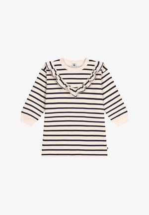 Sukienka w kremowo-granatowe paski, z falbanką przy dekolcie, długimi rękawami i miękkiej bawełnianej tkaniny. Prosty krój bez dodatkowych ozdób.