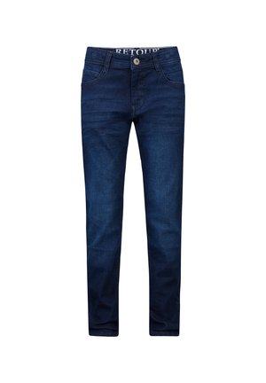 Donkerblauwe denim jeans met een rechte pijpdesign, vijf zakken en een knoopsluiting. De tailleband heeft een merklabel.