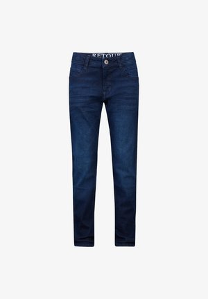 Donkerblauwe denim jeans met een rechte pijpdesign, vijf zakken en een knoopsluiting. De tailleband heeft een merklabel.