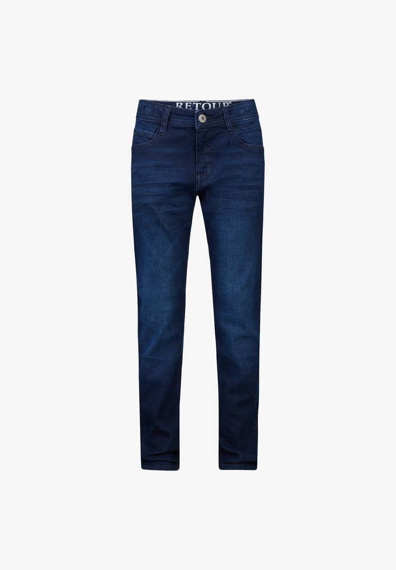 Donkerblauwe denim jeans met een rechte pijpdesign, vijf zakken en een knoopsluiting. De tailleband heeft een merklabel.