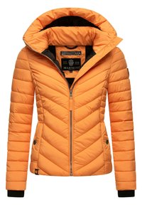 Oranžová prešívaná bunda s dizajnom v tvare chevron, so zipsom, veľkou kapucňou a rebrovanými manžetami. Obsahuje nášivku s logom a visačku vo vnútri.