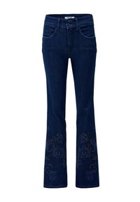 Jean bootcut bleu foncé avec poches avant, fermeture à double bouton et motifs floraux brodés discrets près de l'ourlet.