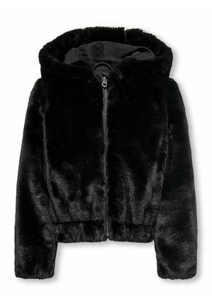 Giacca con cappuccio in pelliccia sintetica nera con zip frontale, maniche lunghe e orlo elasticizzato, progettata per calore e stile.