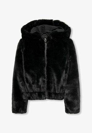 Zwarte nepbonten jas met capuchon, rits aan de voorkant, lange mouwen en elastische zoom, ontworpen voor warmte en stijl.