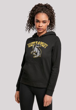 Black hoodie with a front kangaroo pocket, featuring a graphic of a badger and "Hufflepuff" text in yellow. Soft fabric and adjustable hood.