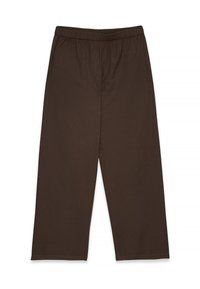 Rjave, lahke hlače širokega kroja z elastičnim pasom. Gladek videz, raven kroj, brez vidnih šivov ali žepov.