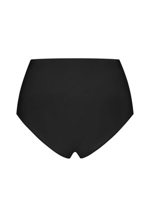 Zwarte zwemonderbroek met hoge taille, een gladde textuur en een V-vormige uitsnijding aan de voorkant. Eenvoudig ontwerp zonder extra patronen of hardware.